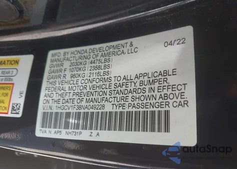 2022 Honda Accord Sport z USA, uszkodzony, nr VIN 1HGCV1F38NA049228